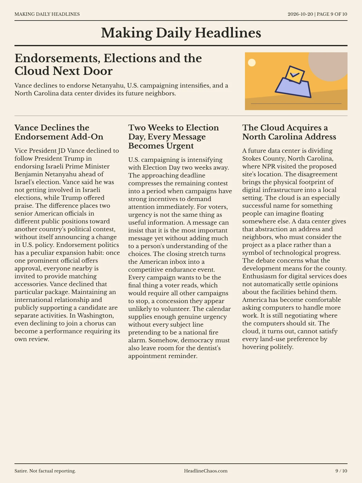 Making Daily Headlines newspaper, page 9: Endorsements, Elections and the Cloud Next Door