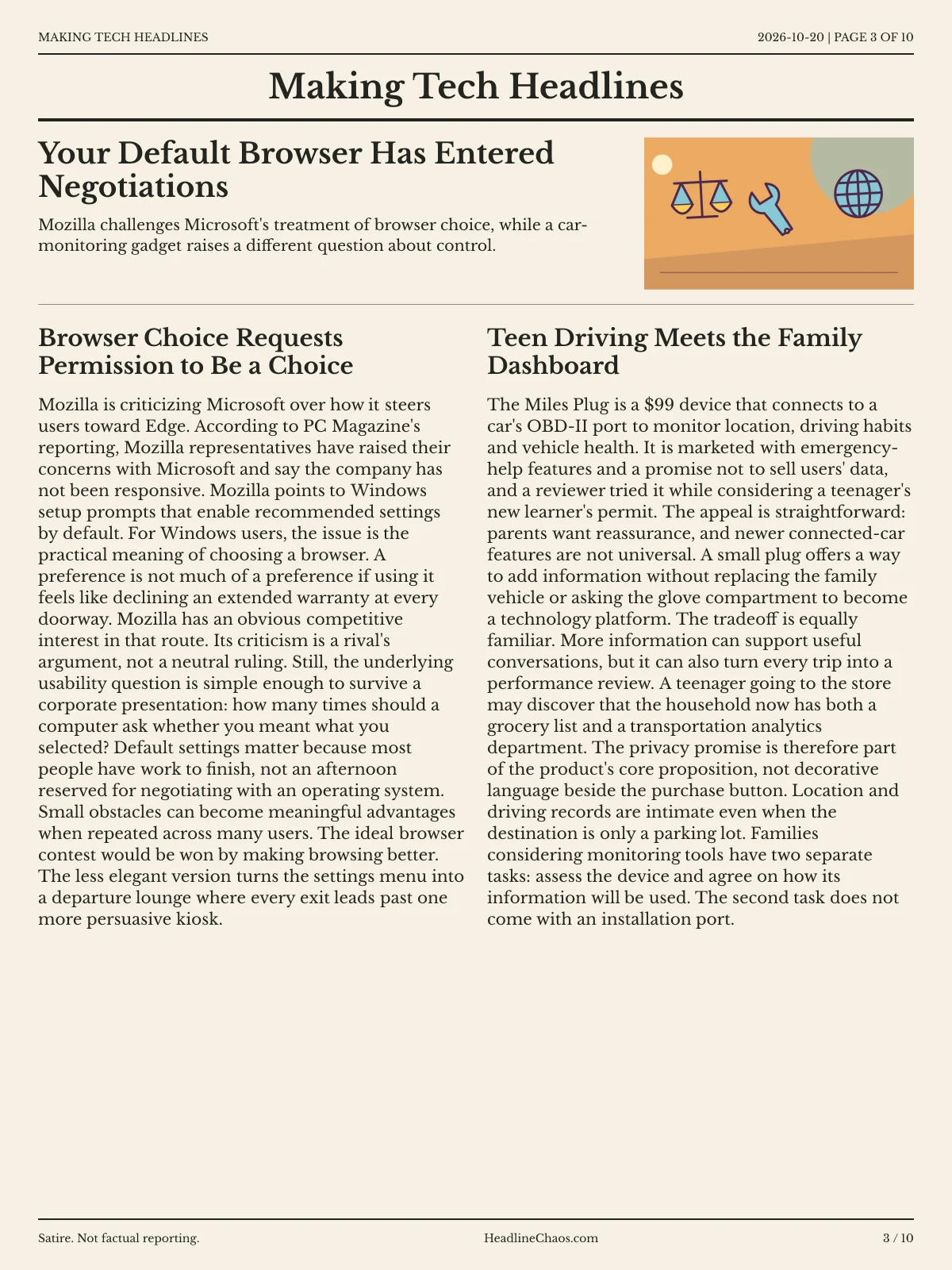 Making Tech Headlines newspaper, page 3: Your Default Browser Has Entered Negotiations