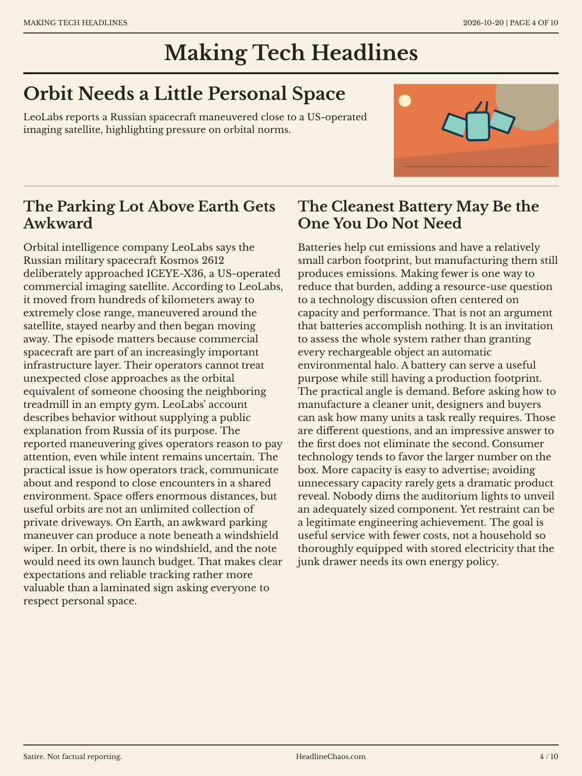 Making Tech Headlines newspaper, page 4: Orbit Needs a Little Personal Space