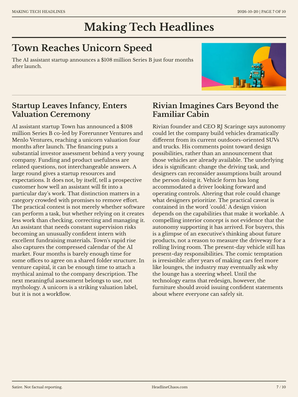 Making Tech Headlines newspaper, page 7: Town Reaches Unicorn Speed