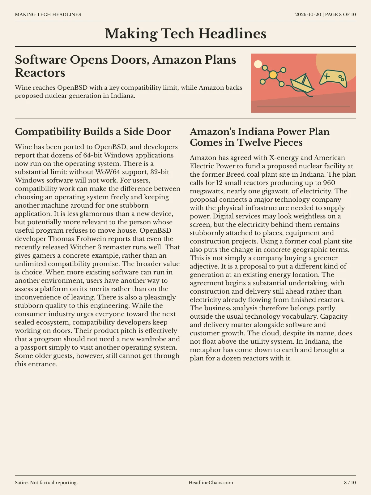 Making Tech Headlines newspaper, page 8: Software Opens Doors, Amazon Plans Reactors
