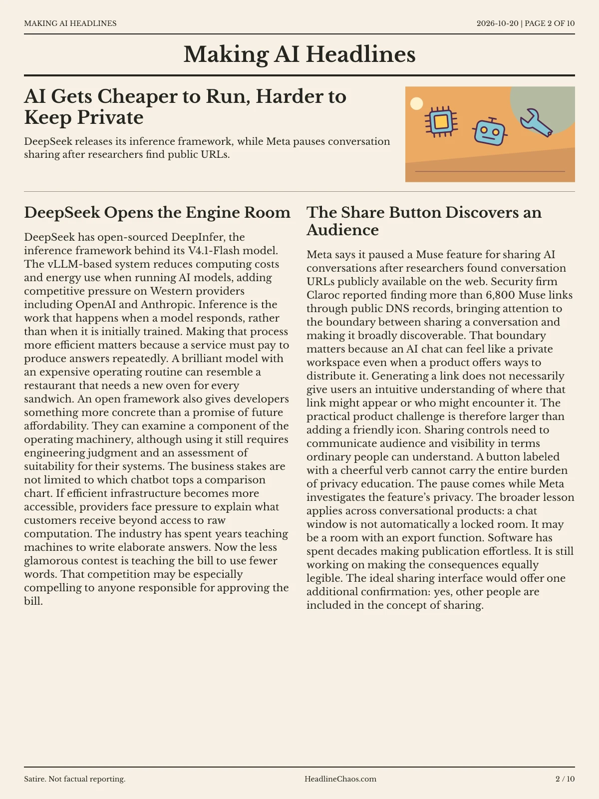 Making AI Headlines newspaper, page 2: AI Gets Cheaper to Run, Harder to Keep Private
