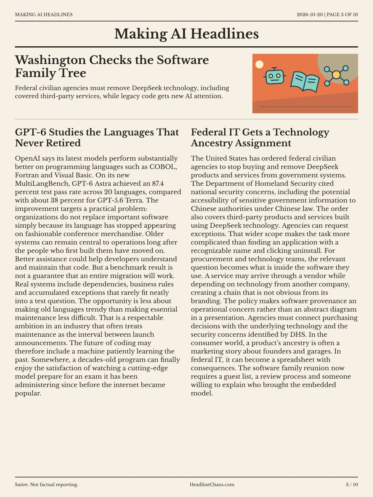 Making AI Headlines newspaper, page 3: Washington Checks the Software Family Tree
