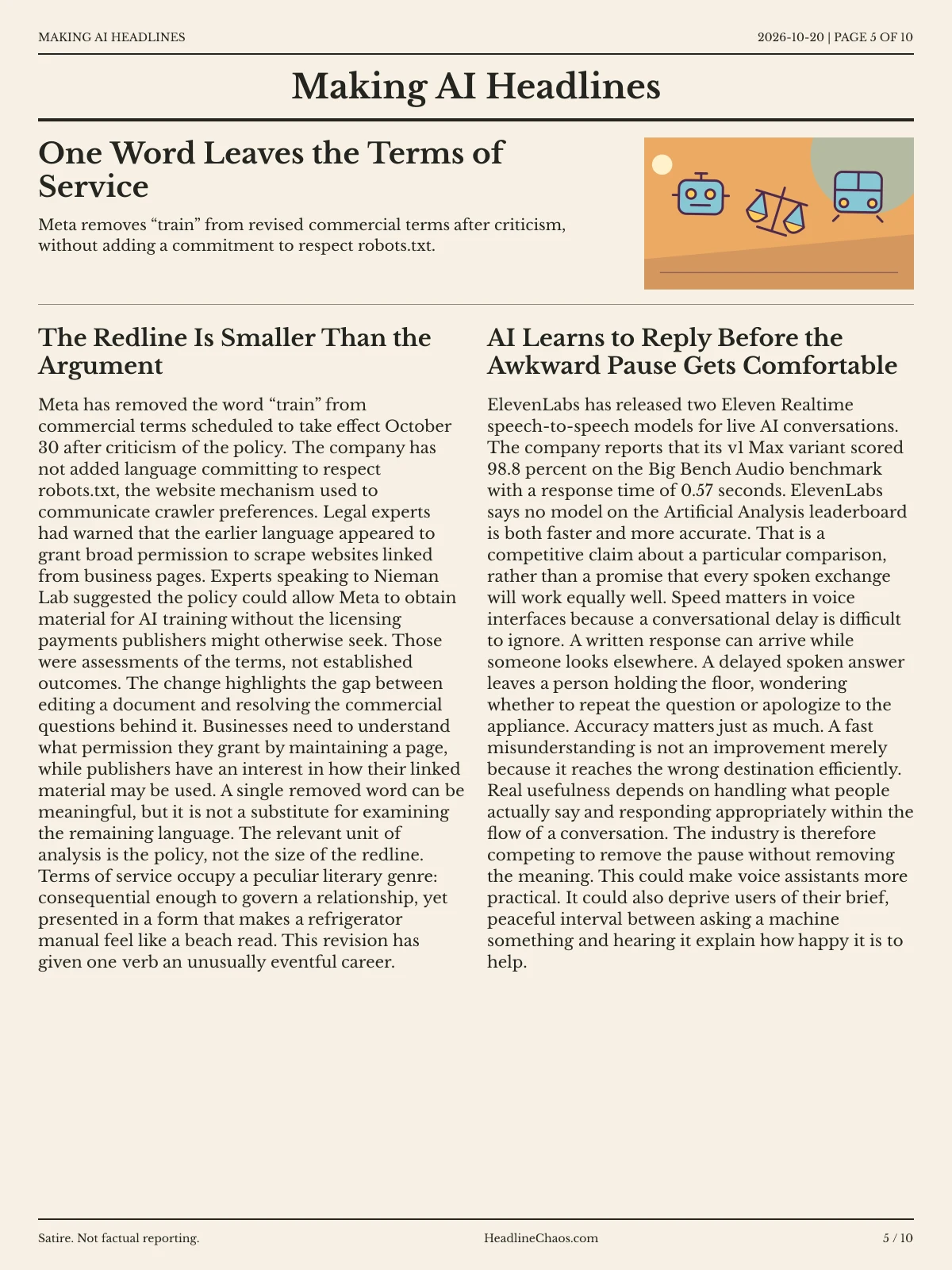 Making AI Headlines newspaper, page 5: One Word Leaves the Terms of Service