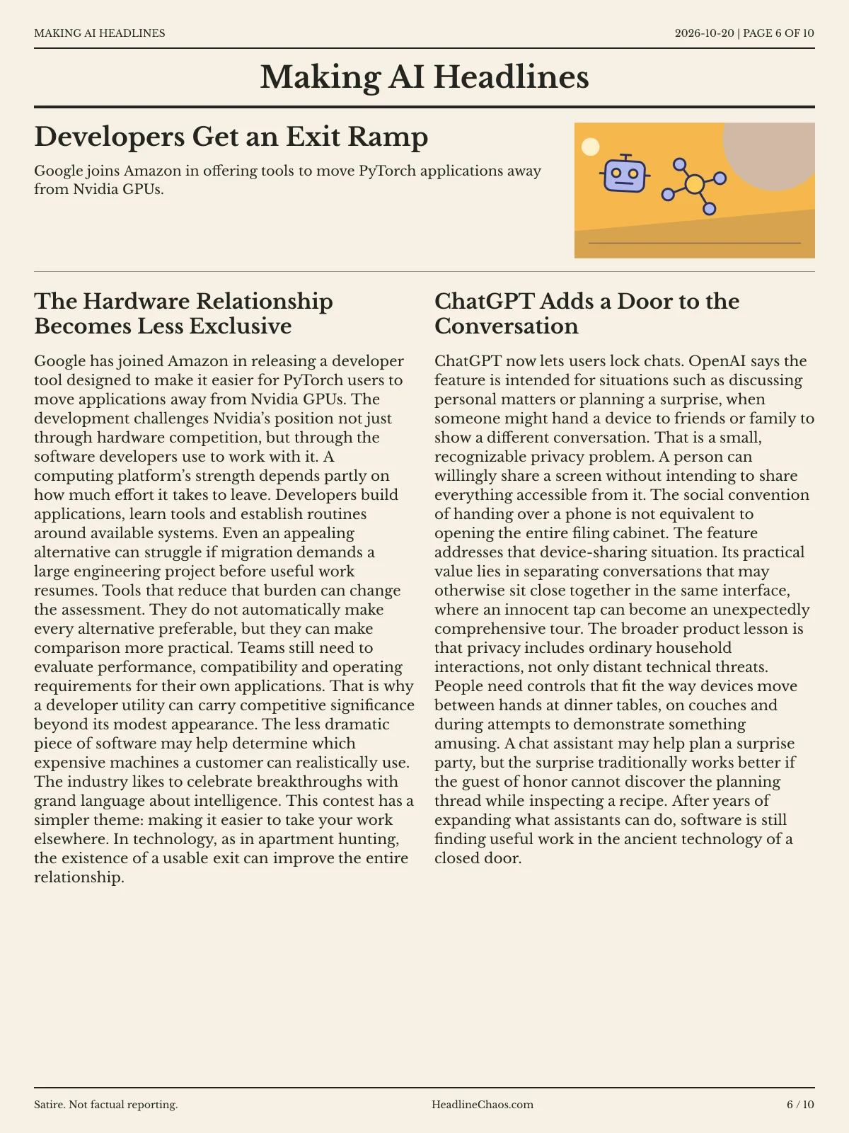 Making AI Headlines newspaper, page 6: Developers Get an Exit Ramp