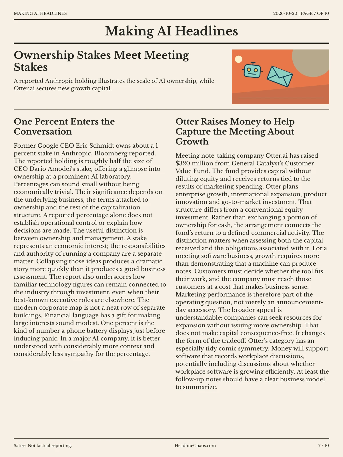 Making AI Headlines newspaper, page 7: Ownership Stakes Meet Meeting Stakes