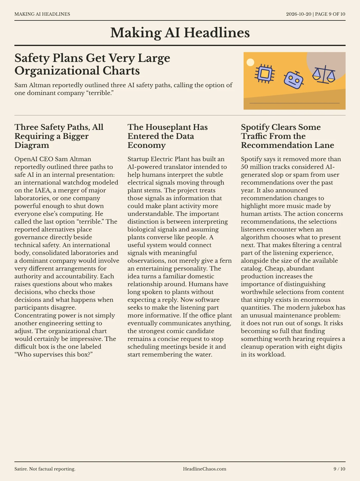 Making AI Headlines newspaper, page 9: Safety Plans Get Very Large Organizational Charts