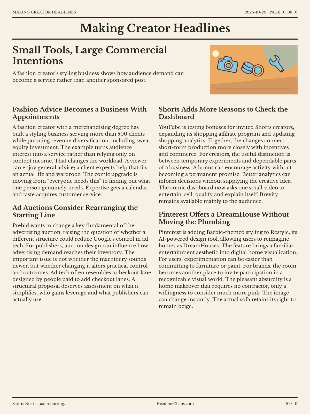 Making Creator Headlines newspaper, page 10: Small Tools, Large Commercial Intentions