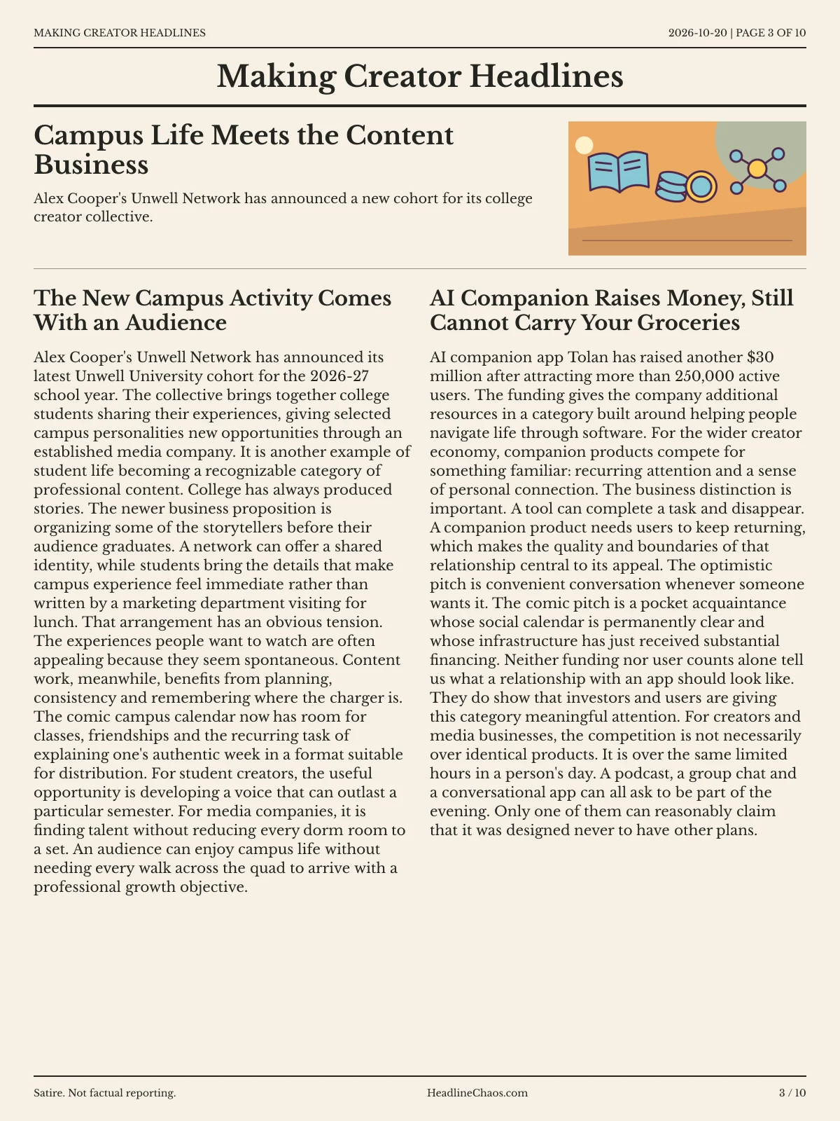 Making Creator Headlines newspaper, page 3: Campus Life Meets the Content Business
