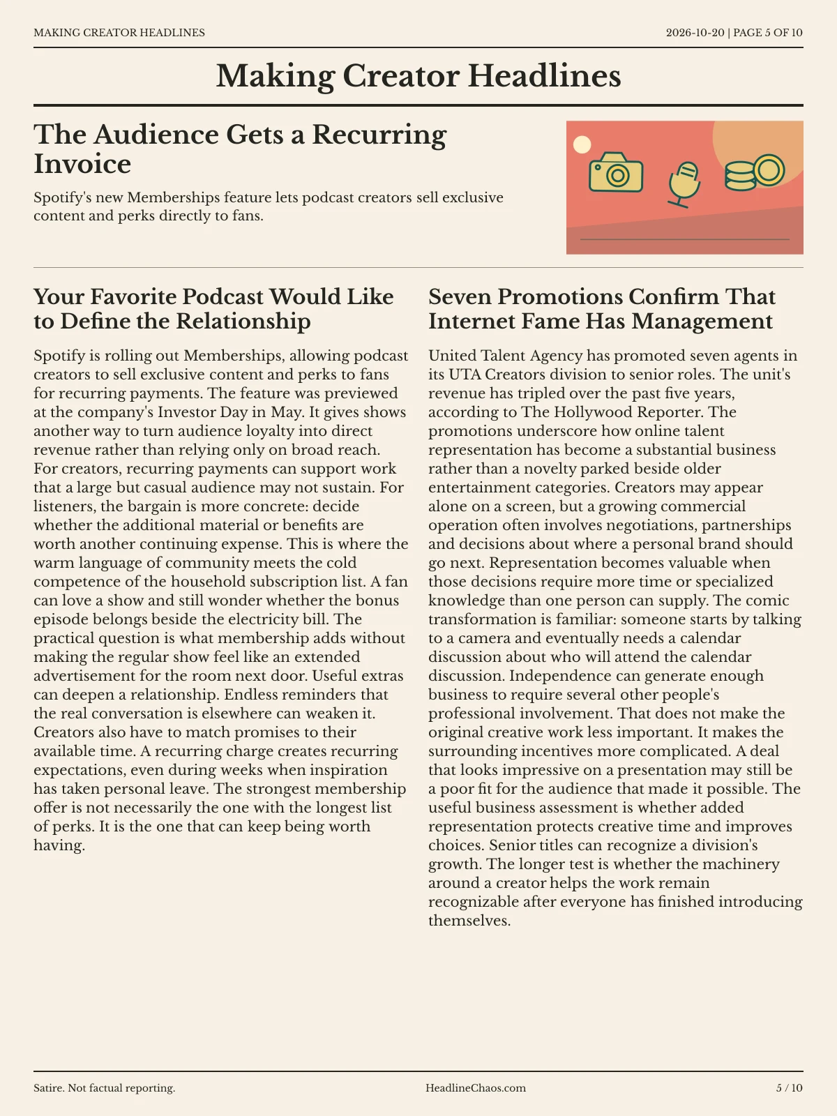 Making Creator Headlines newspaper, page 5: The Audience Gets a Recurring Invoice