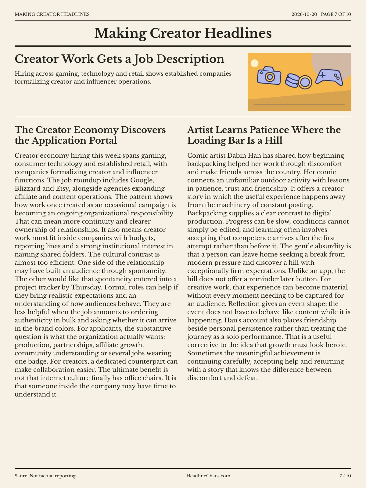 Making Creator Headlines newspaper, page 7: Creator Work Gets a Job Description