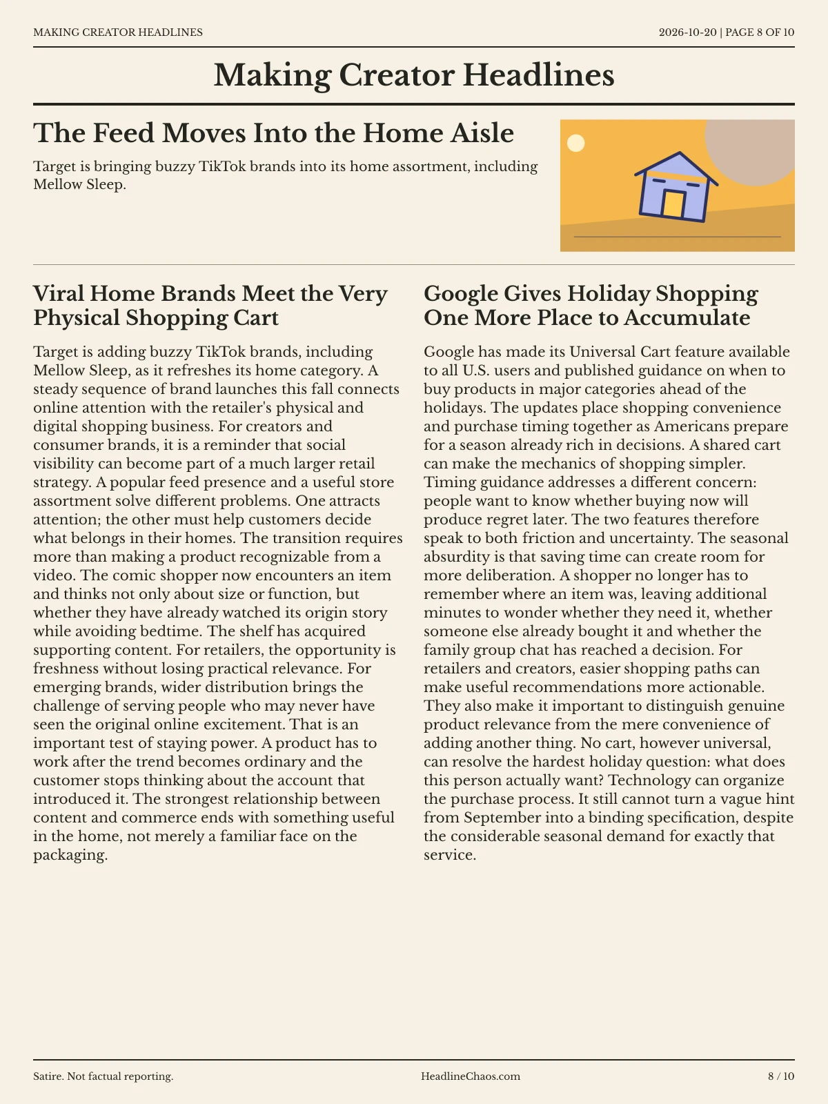 Making Creator Headlines newspaper, page 8: The Feed Moves Into the Home Aisle