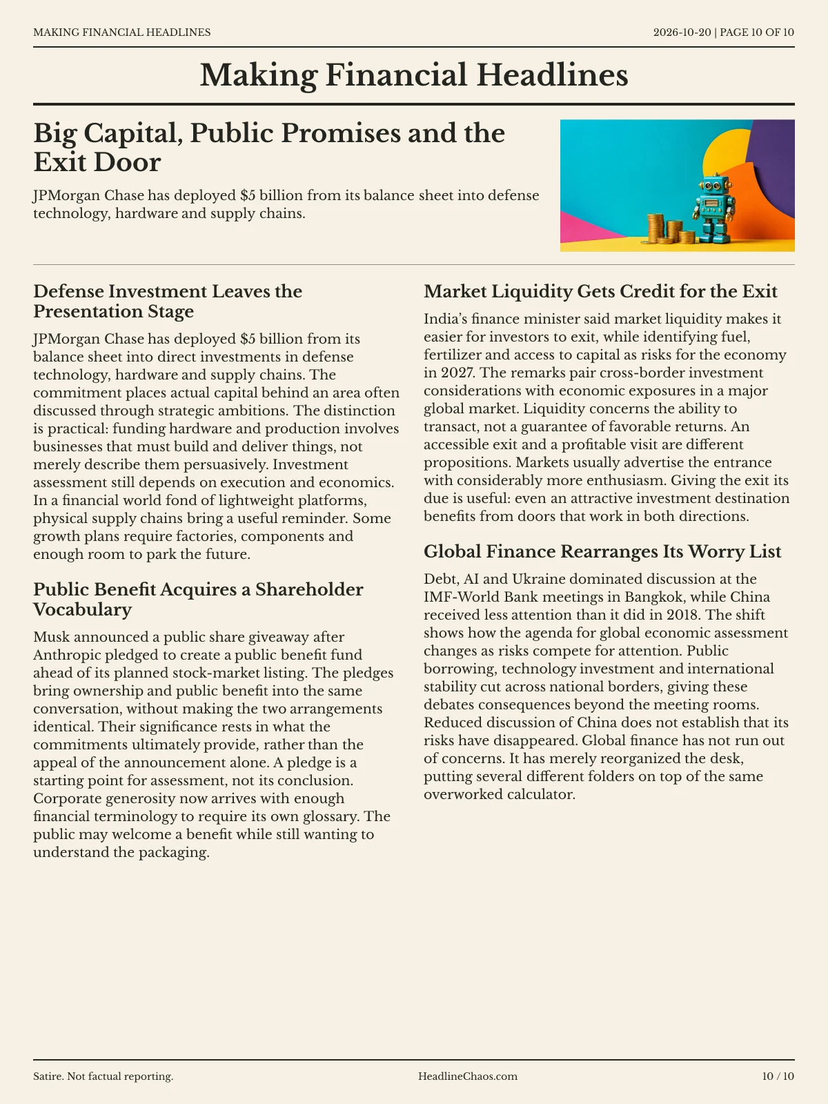 Making Financial Headlines newspaper, page 10: Big Capital, Public Promises and the Exit Door