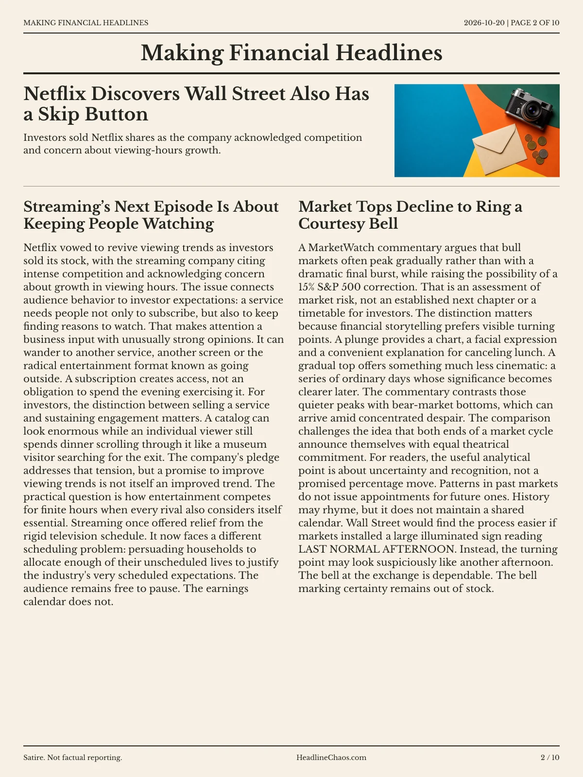 Making Financial Headlines newspaper, page 2: Netflix Discovers Wall Street Also Has a Skip Button