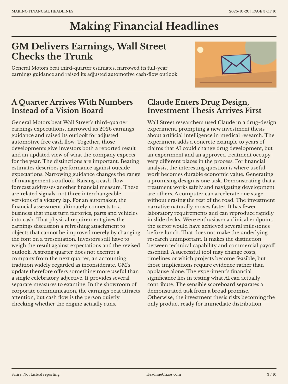 Making Financial Headlines newspaper, page 3: GM Delivers Earnings, Wall Street Checks the Trunk