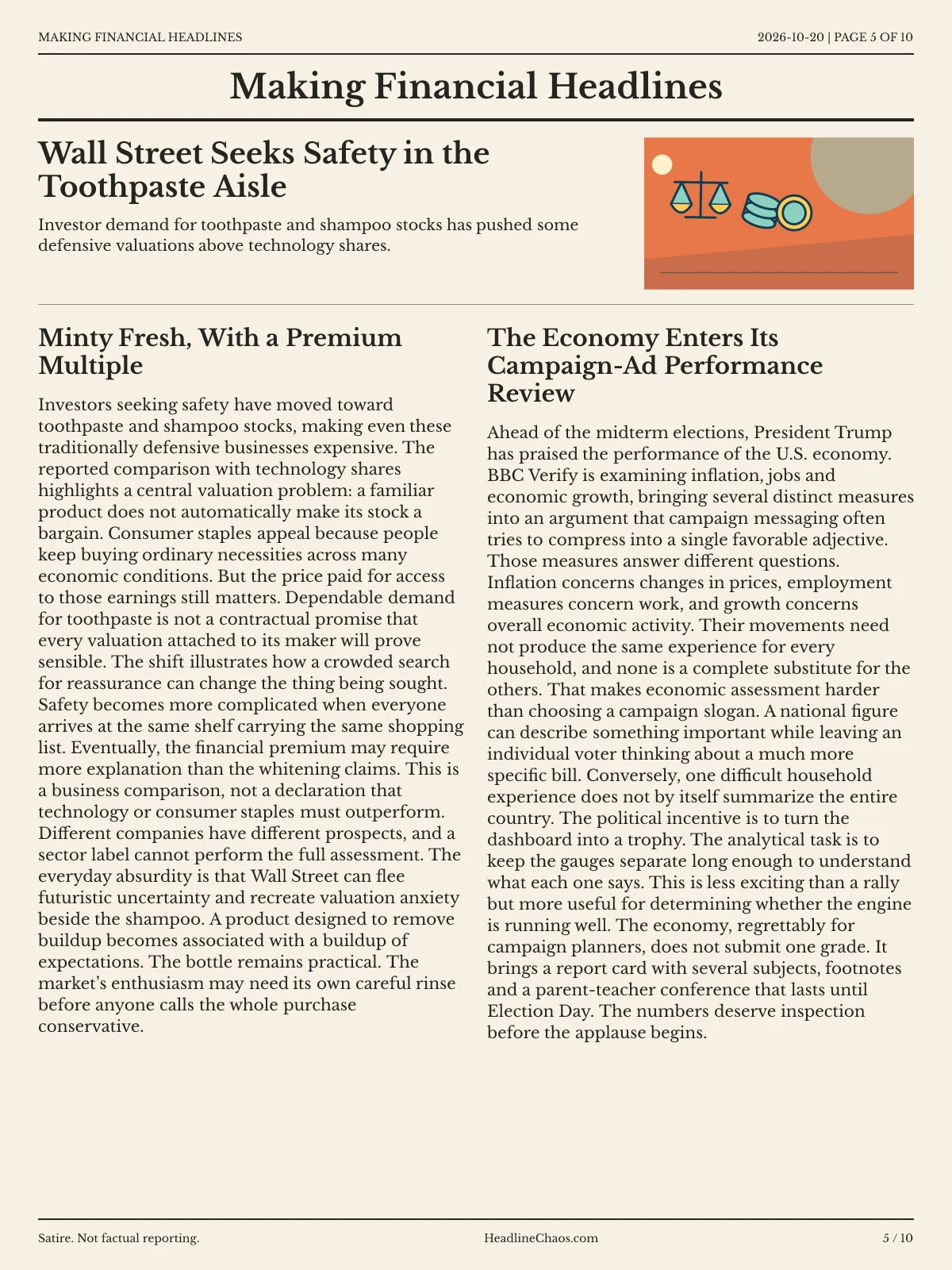 Making Financial Headlines newspaper, page 5: Wall Street Seeks Safety in the Toothpaste Aisle