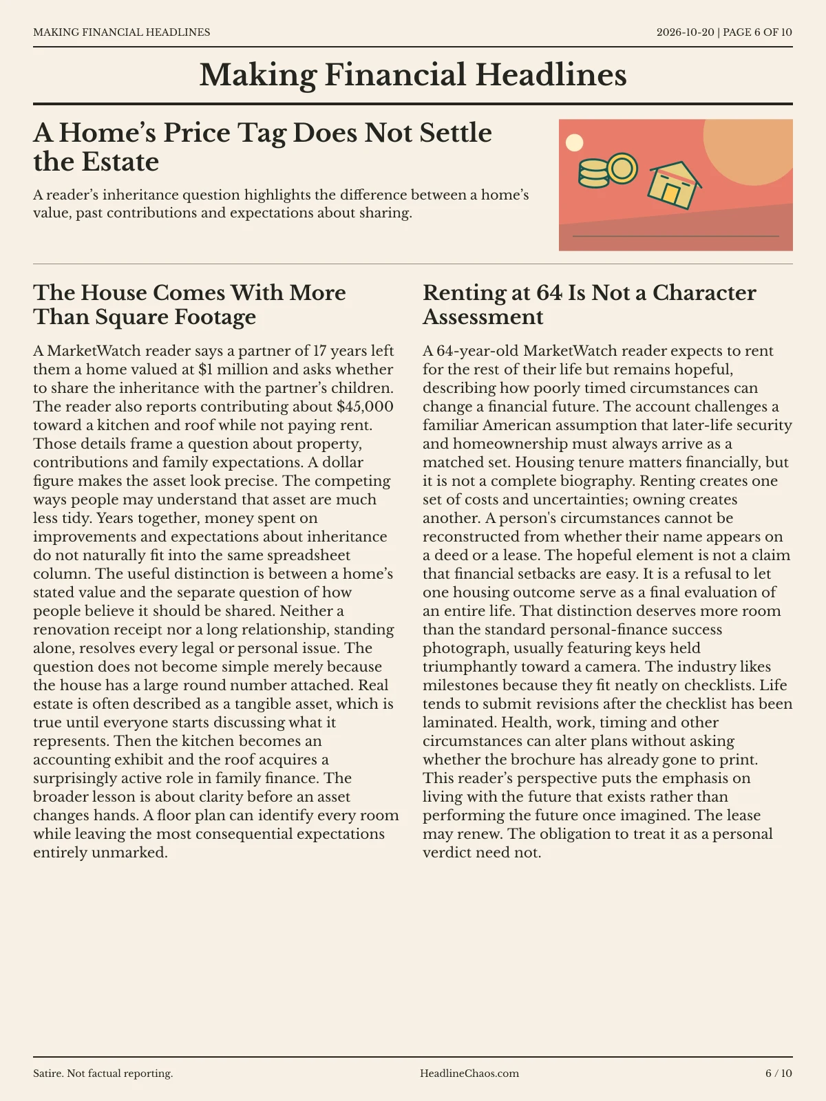 Making Financial Headlines newspaper, page 6: A Home’s Price Tag Does Not Settle the Estate