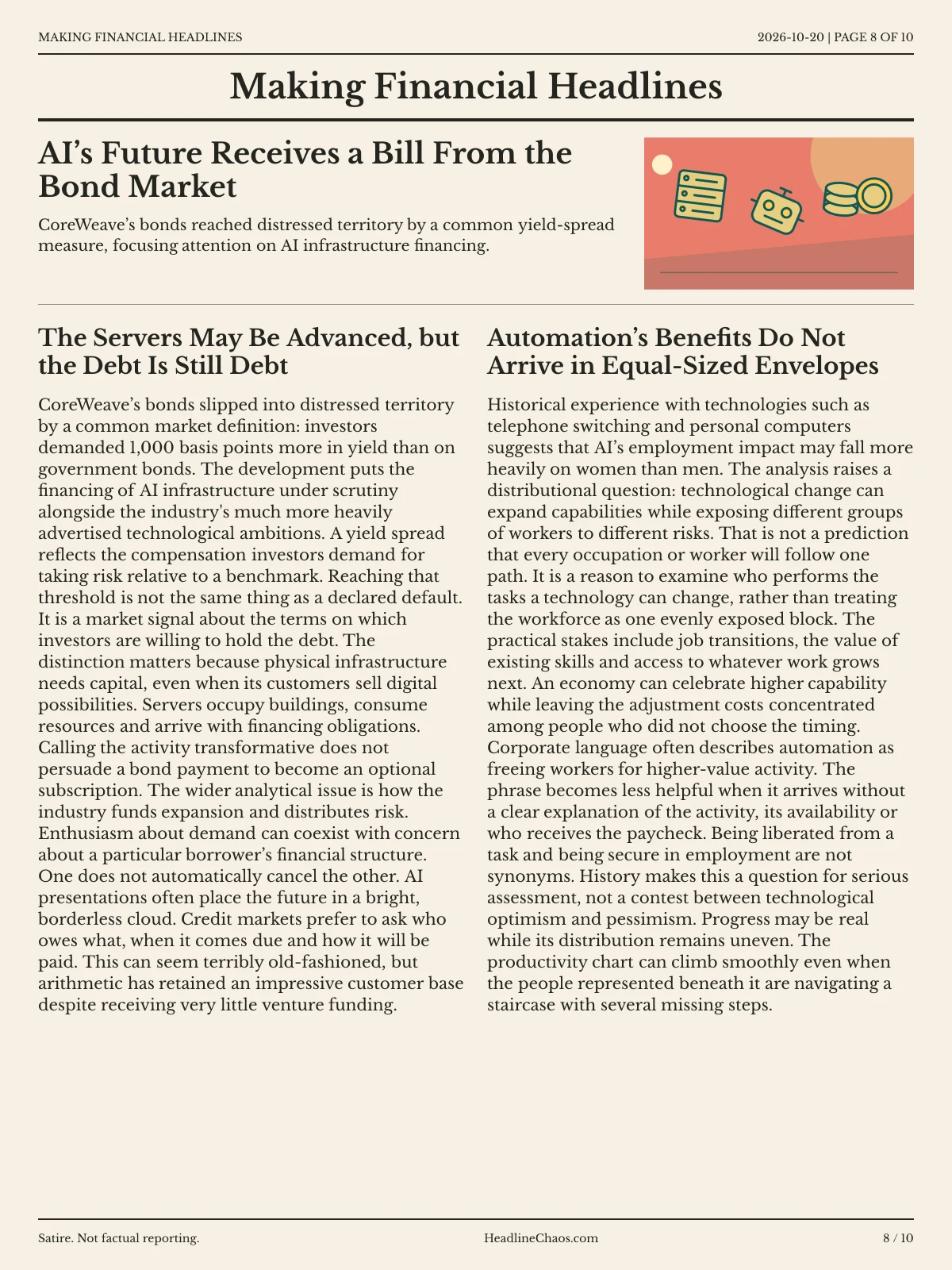 Making Financial Headlines newspaper, page 8: AI’s Future Receives a Bill From the Bond Market