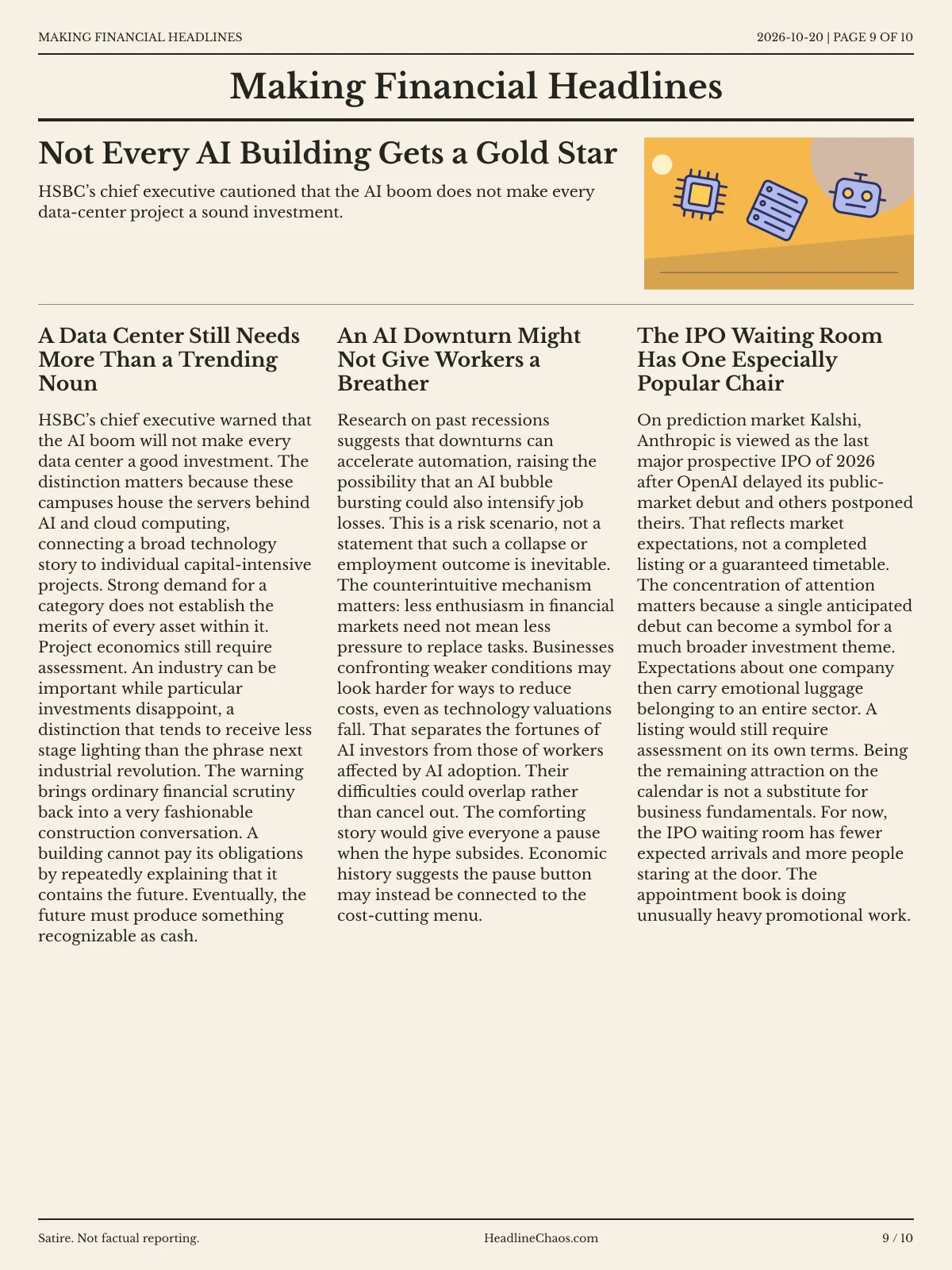 Making Financial Headlines newspaper, page 9: Not Every AI Building Gets a Gold Star