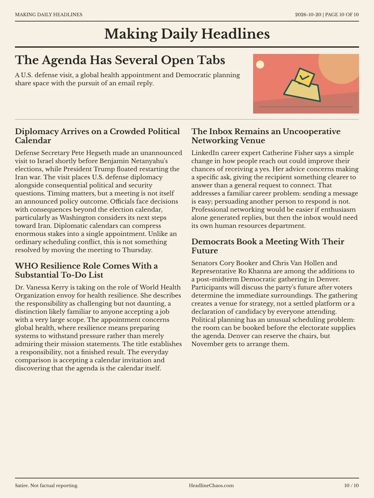 Making Daily Headlines newspaper, page 10: The Agenda Has Several Open Tabs