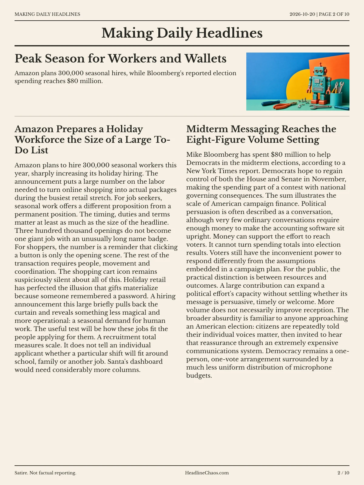 Making Daily Headlines newspaper, page 2: Peak Season for Workers and Wallets