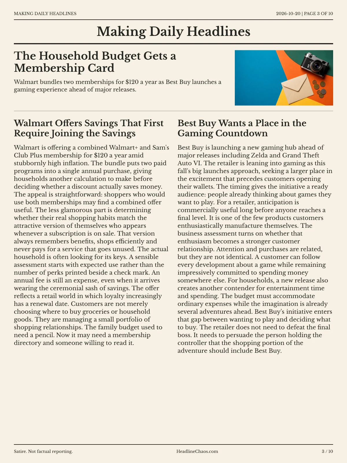Making Daily Headlines newspaper, page 3: The Household Budget Gets a Membership Card