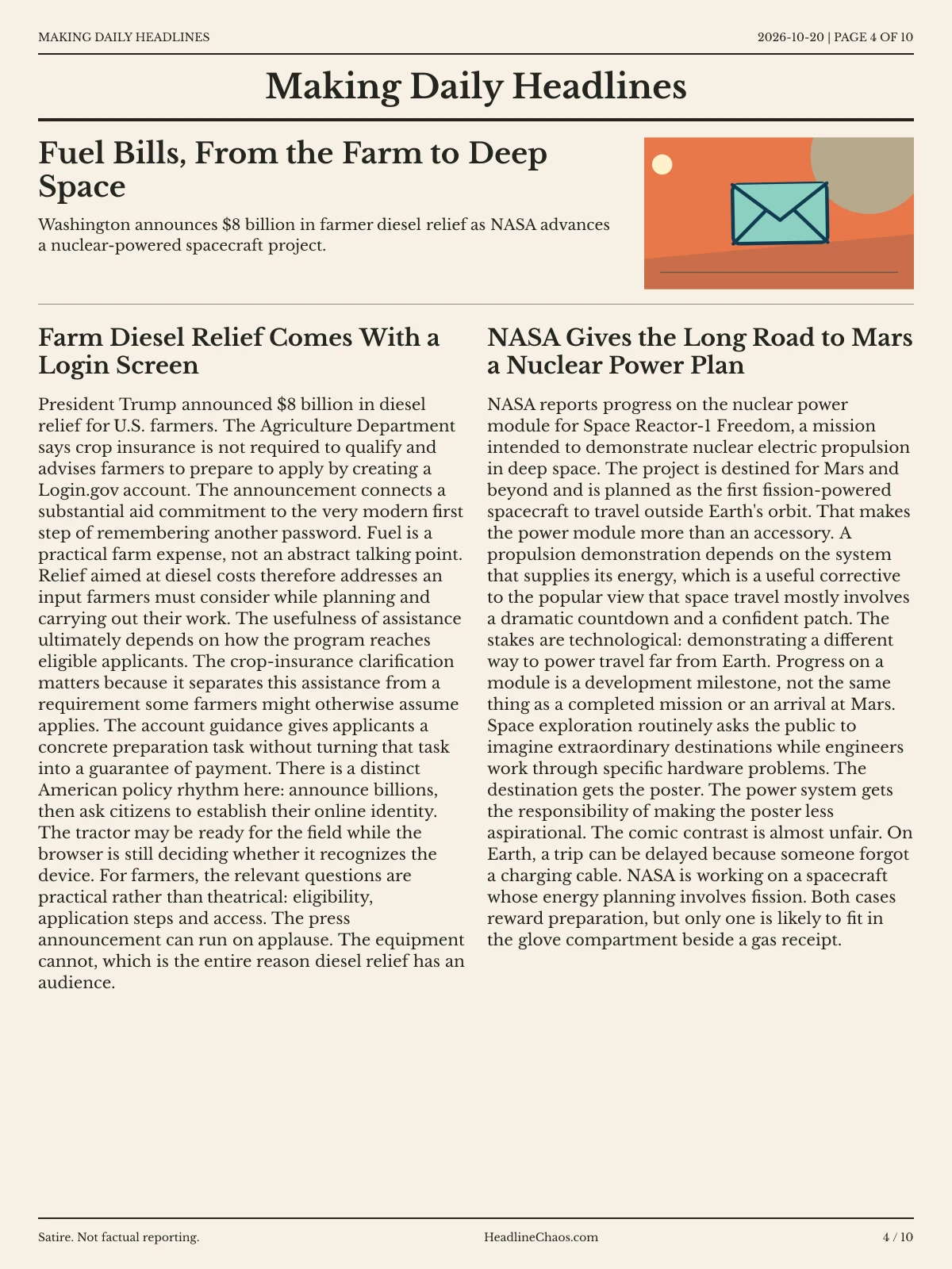 Making Daily Headlines newspaper, page 4: Fuel Bills, From the Farm to Deep Space