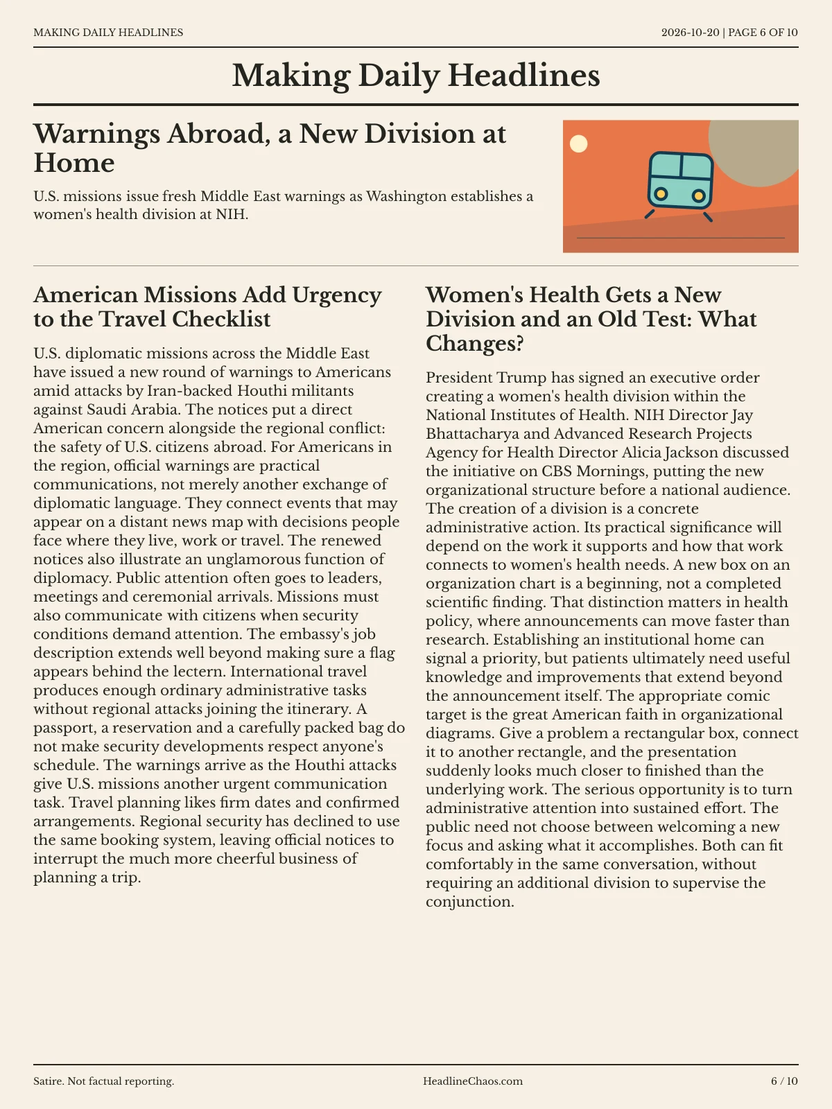 Making Daily Headlines newspaper, page 6: Warnings Abroad, a New Division at Home