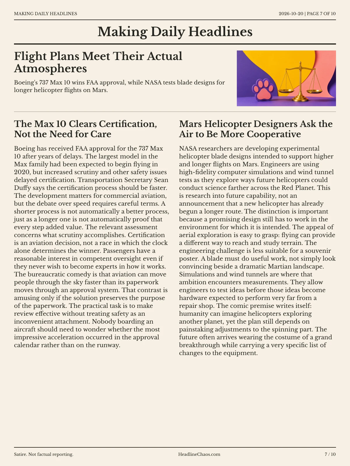 Making Daily Headlines newspaper, page 7: Flight Plans Meet Their Actual Atmospheres