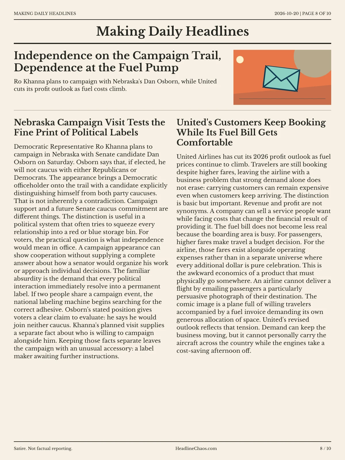 Making Daily Headlines newspaper, page 8: Independence on the Campaign Trail, Dependence at the Fuel Pump