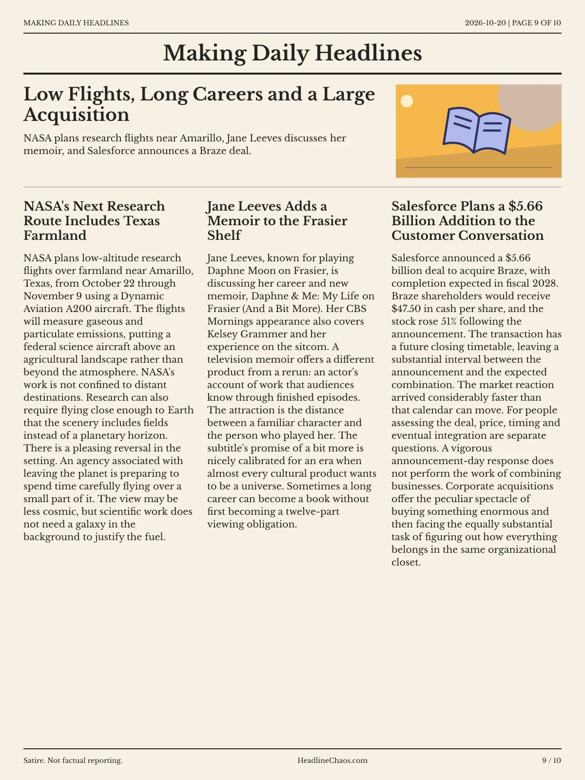 Making Daily Headlines newspaper, page 9: Low Flights, Long Careers and a Large Acquisition