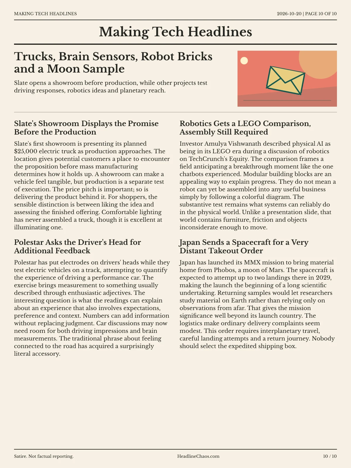 Making Tech Headlines newspaper, page 10: Trucks, Brain Sensors, Robot Bricks and a Moon Sample