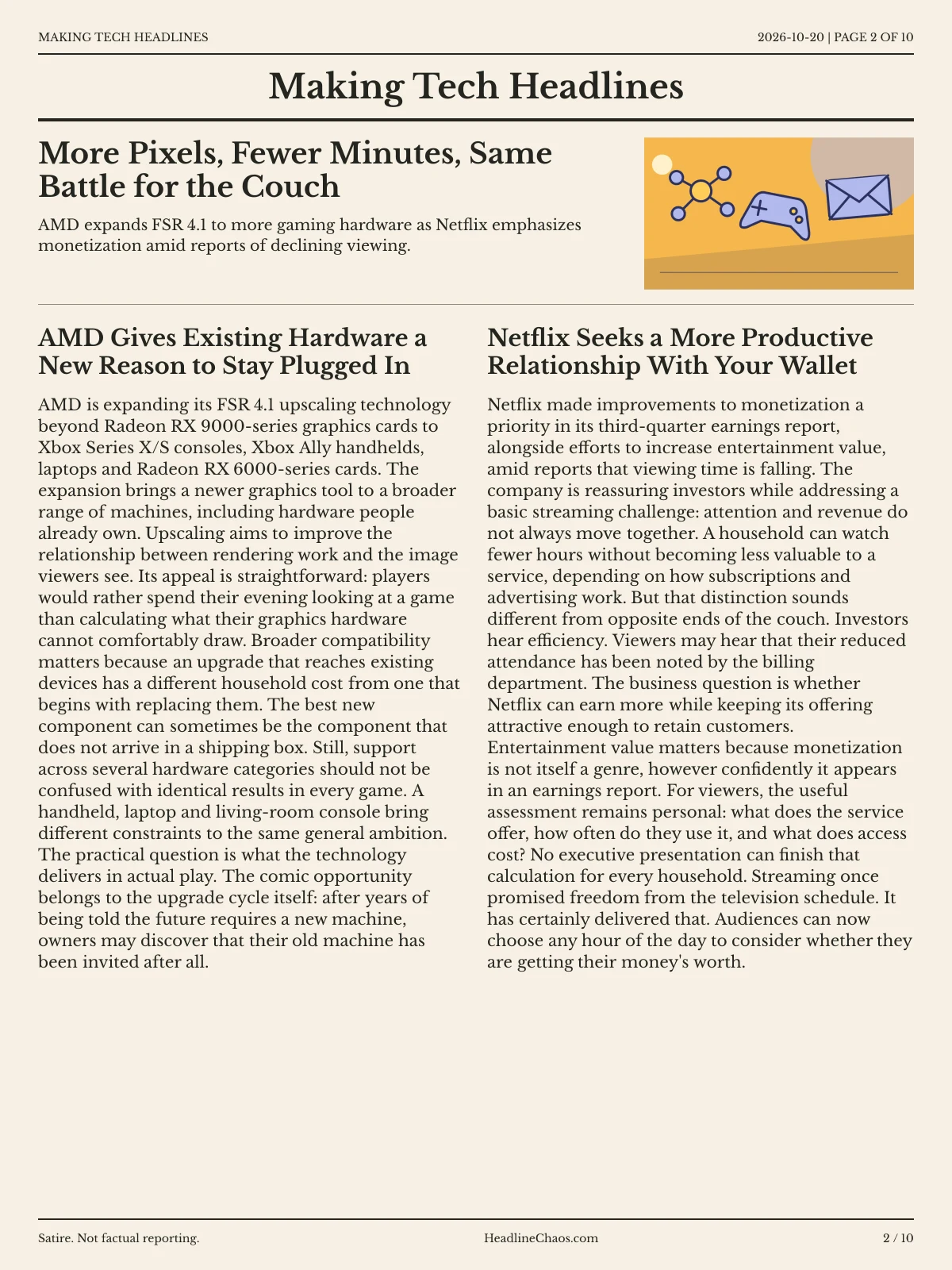 Making Tech Headlines newspaper, page 2: More Pixels, Fewer Minutes, Same Battle for the Couch