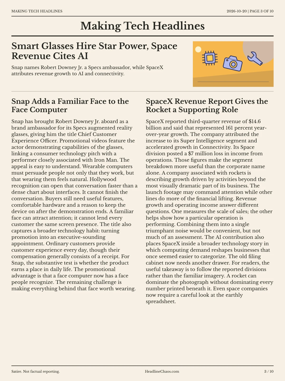 Making Tech Headlines newspaper, page 3: Smart Glasses Hire Star Power, Space Revenue Cites AI