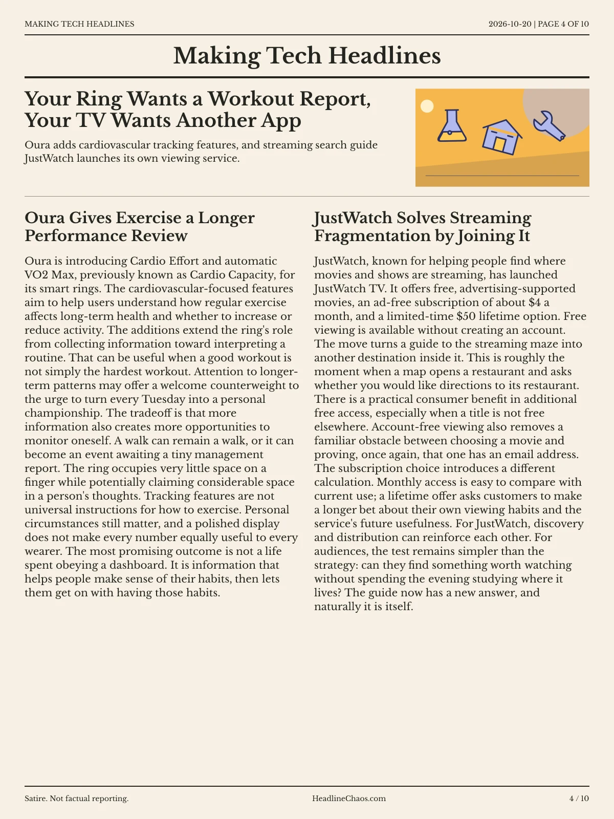 Making Tech Headlines newspaper, page 4: Your Ring Wants a Workout Report, Your TV Wants Another App