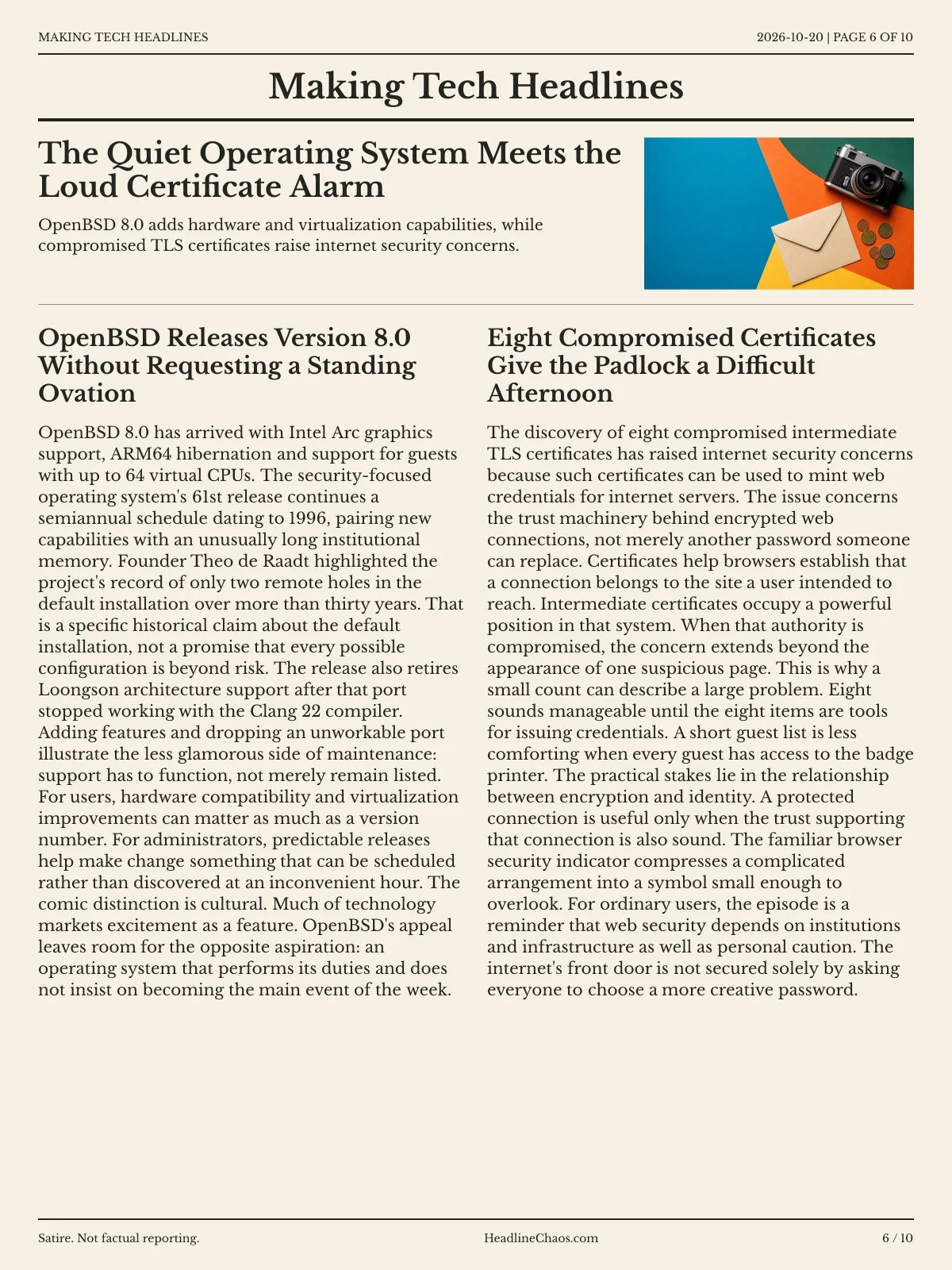 Making Tech Headlines newspaper, page 6: The Quiet Operating System Meets the Loud Certificate Alarm