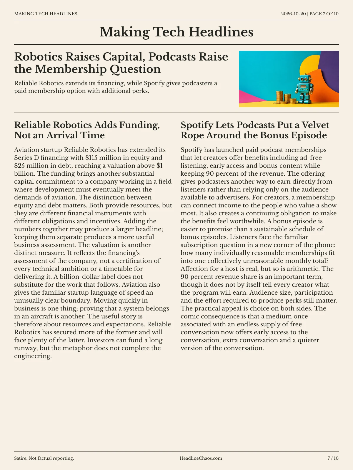 Making Tech Headlines newspaper, page 7: Robotics Raises Capital, Podcasts Raise the Membership Question