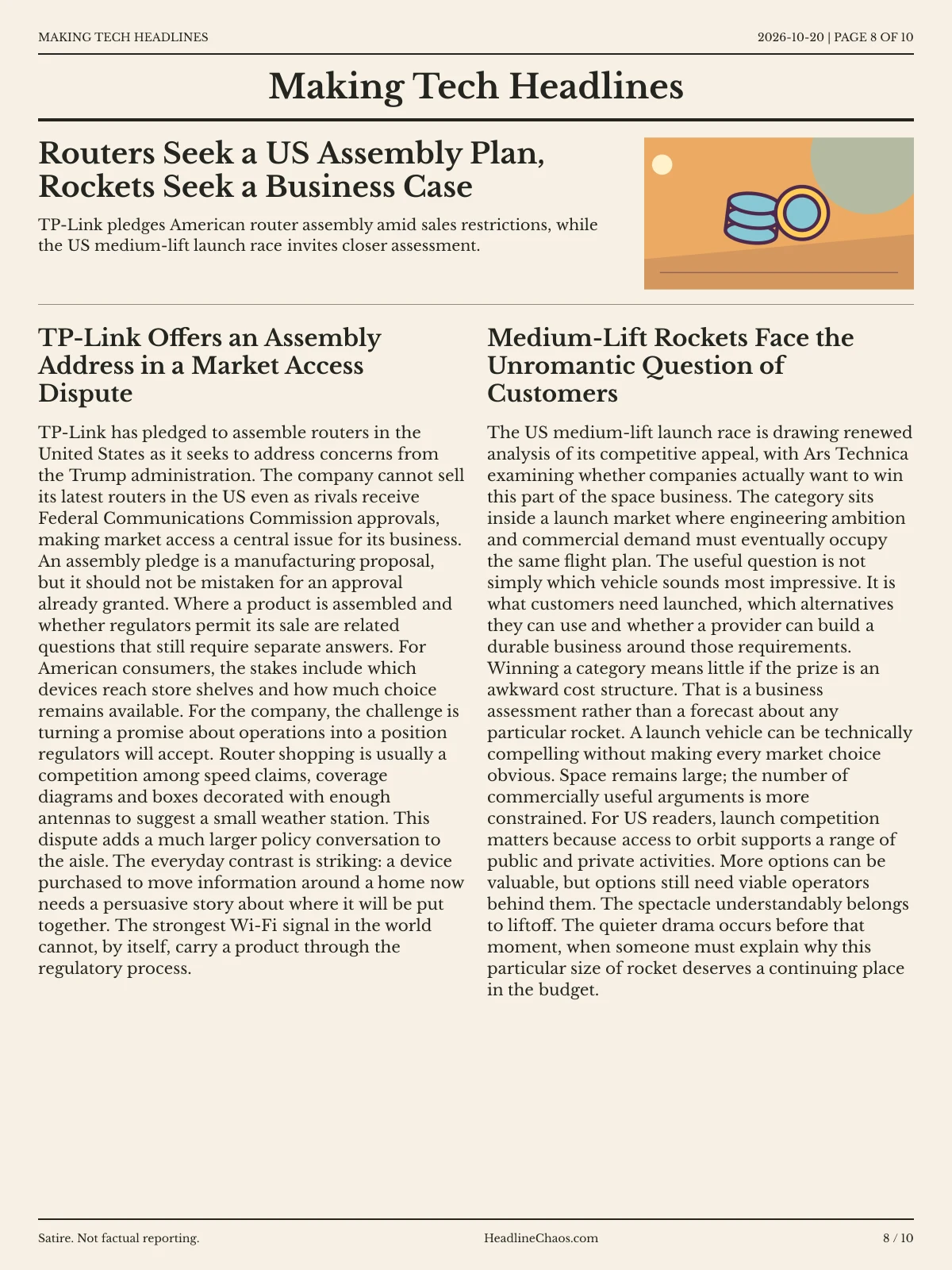 Making Tech Headlines newspaper, page 8: Routers Seek a US Assembly Plan, Rockets Seek a Business Case