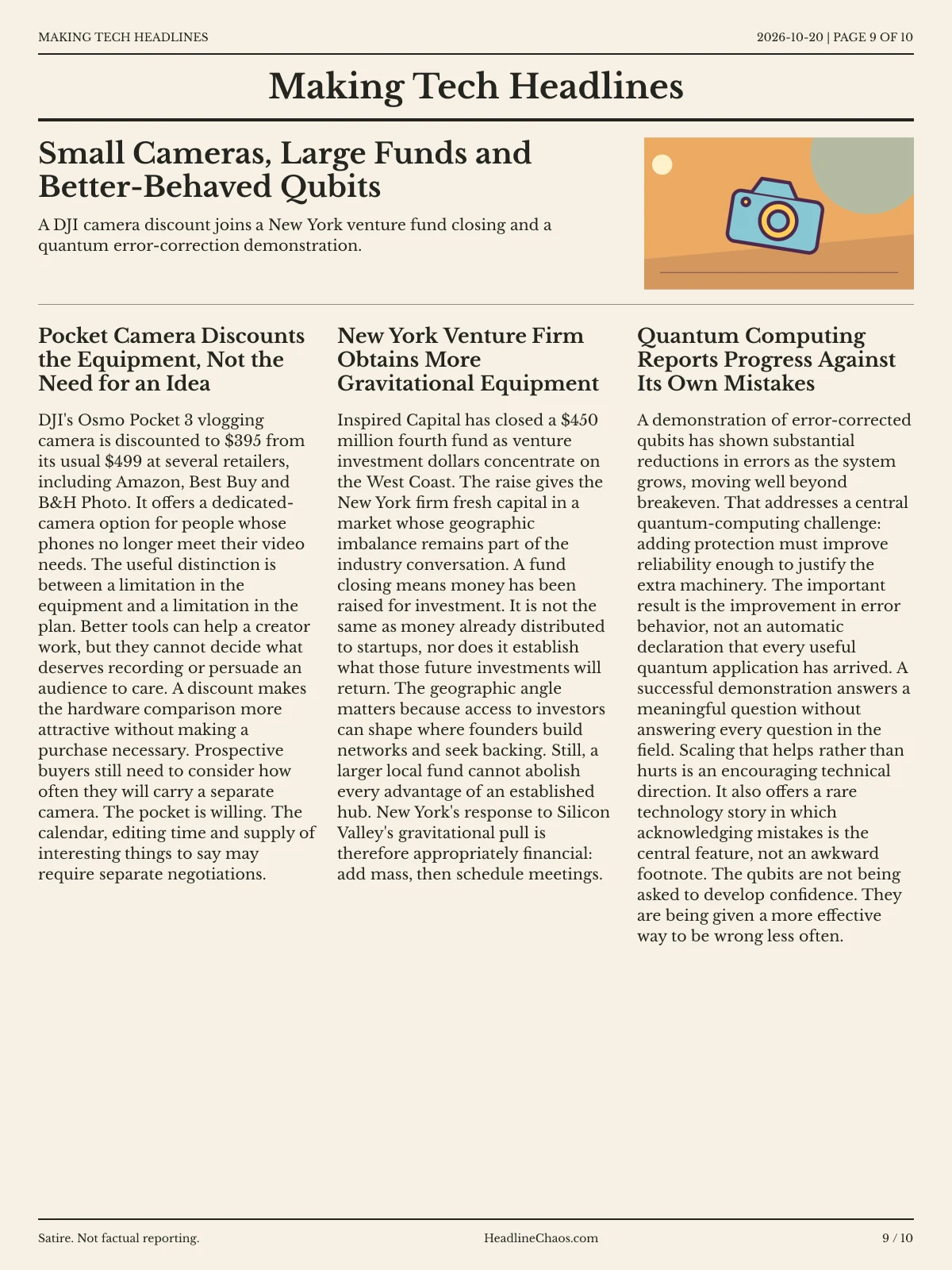 Making Tech Headlines newspaper, page 9: Small Cameras, Large Funds and Better-Behaved Qubits