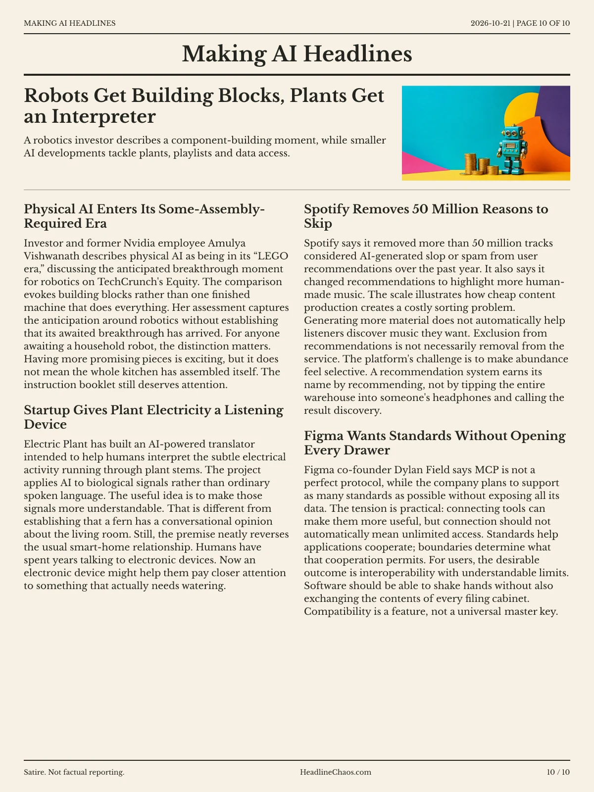 Making AI Headlines newspaper, page 10: Robots Get Building Blocks, Plants Get an Interpreter