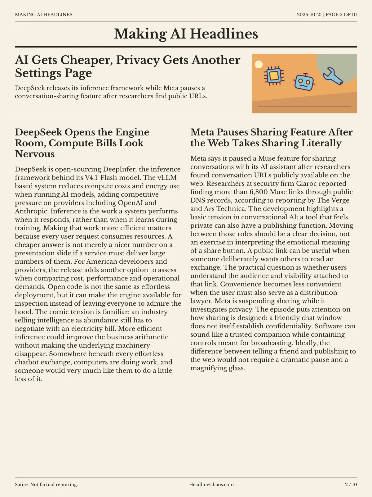 Making AI Headlines newspaper, page 2: AI Gets Cheaper, Privacy Gets Another Settings Page