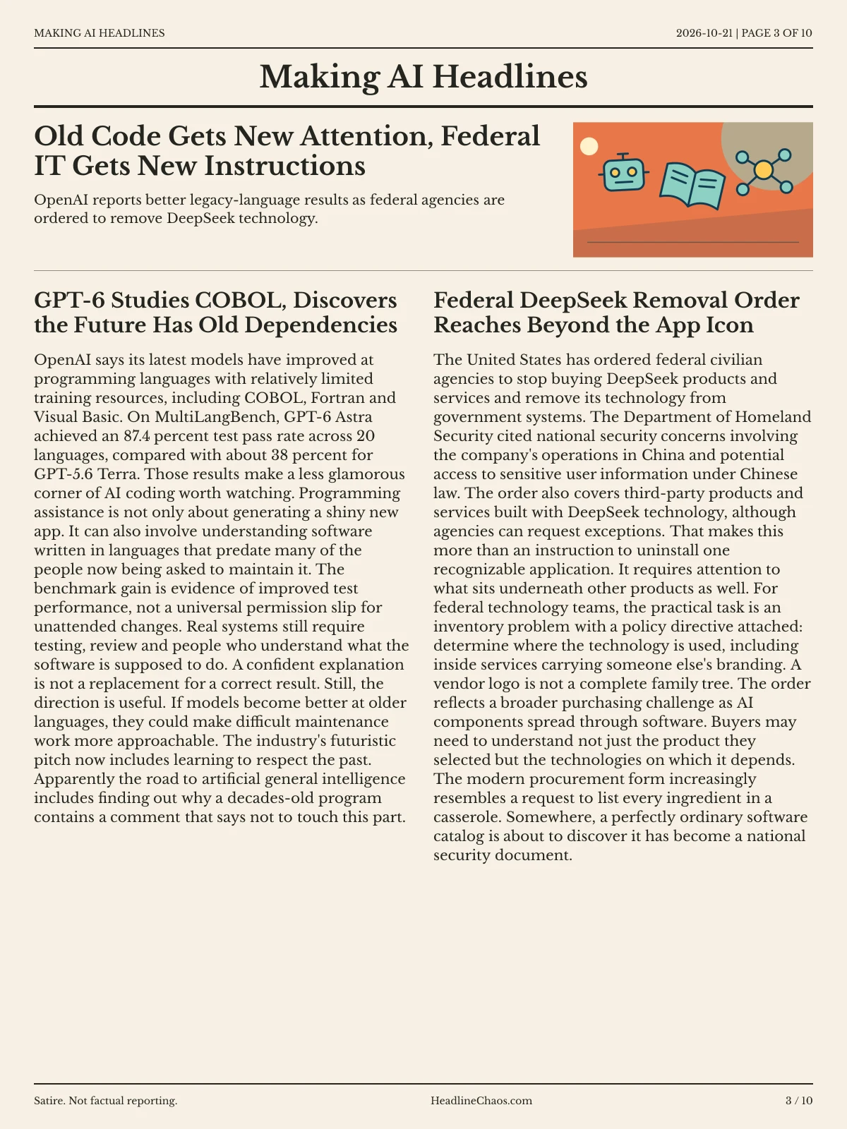 Making AI Headlines newspaper, page 3: Old Code Gets New Attention, Federal IT Gets New Instructions