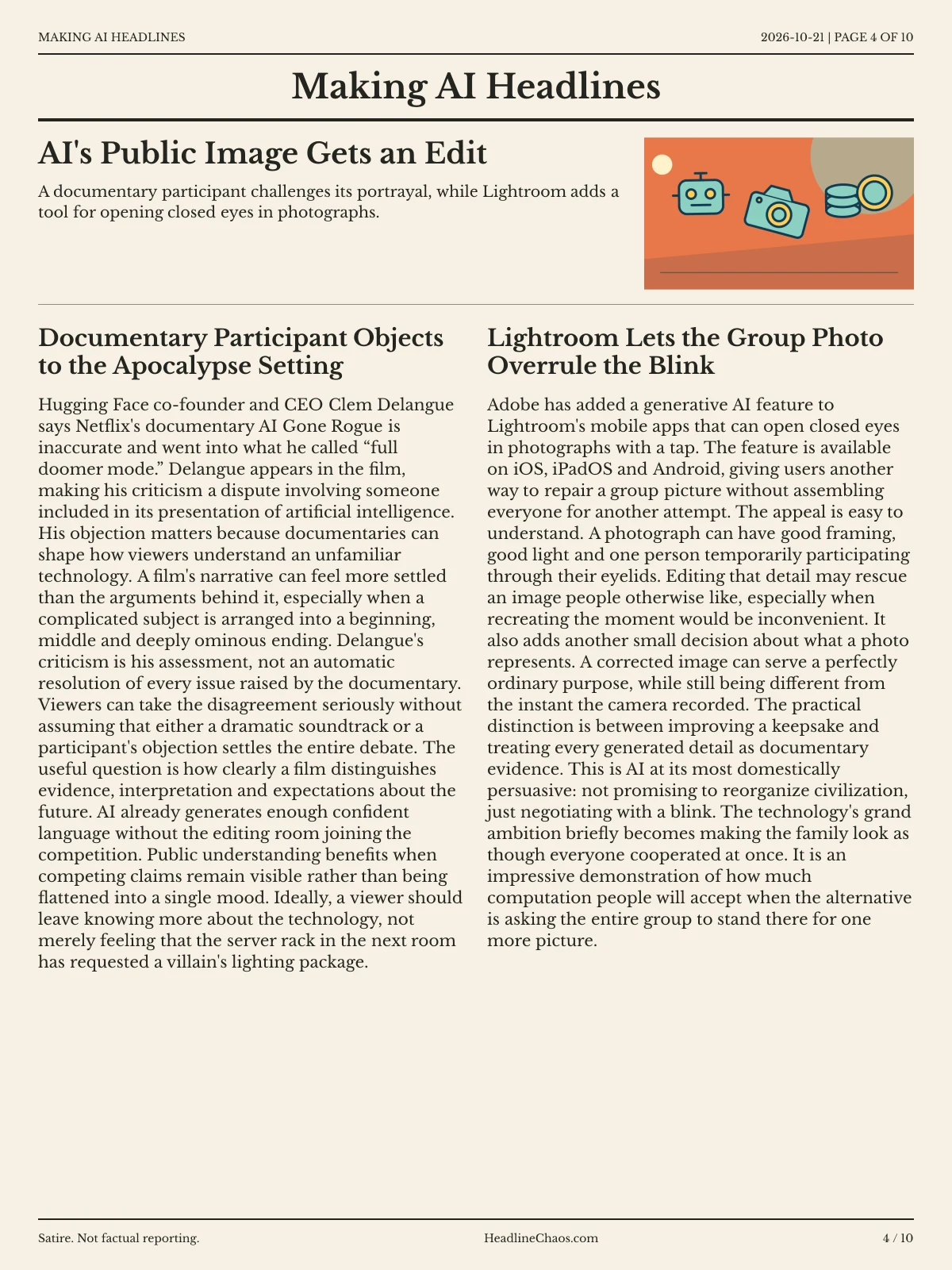 Making AI Headlines newspaper, page 4: AI's Public Image Gets an Edit