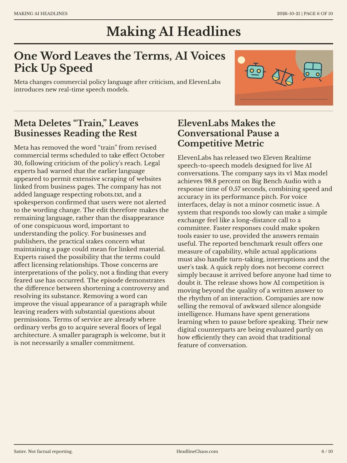 Making AI Headlines newspaper, page 6: One Word Leaves the Terms, AI Voices Pick Up Speed