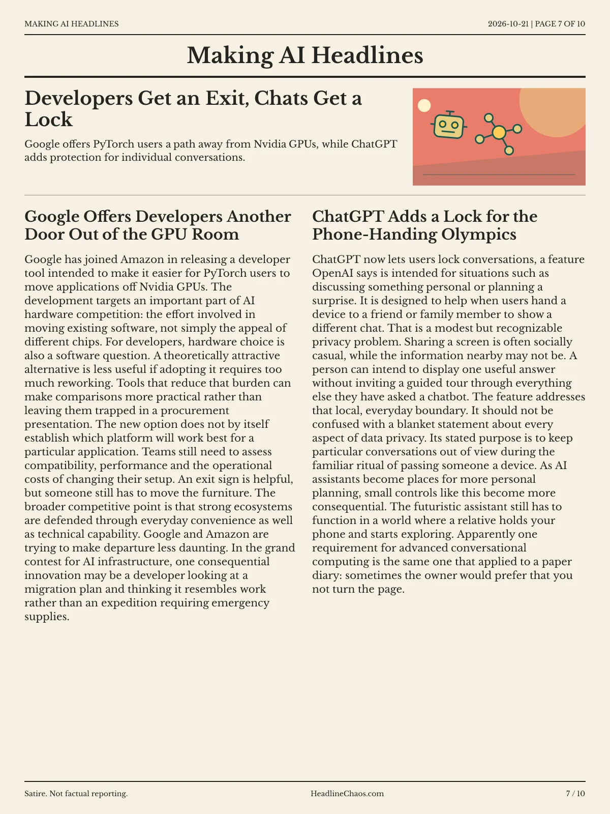 Making AI Headlines newspaper, page 7: Developers Get an Exit, Chats Get a Lock