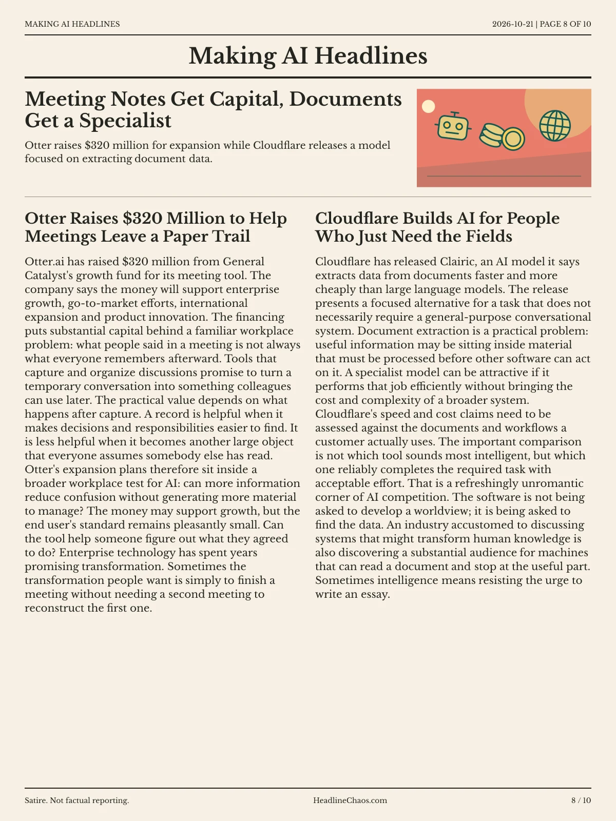 Making AI Headlines newspaper, page 8: Meeting Notes Get Capital, Documents Get a Specialist
