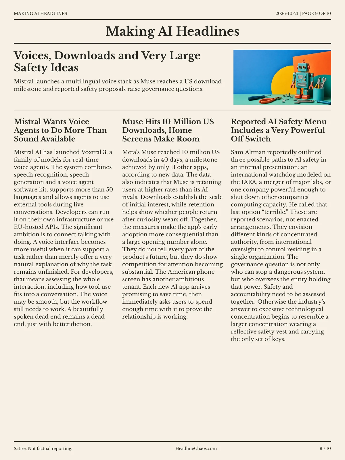 Making AI Headlines newspaper, page 9: Voices, Downloads and Very Large Safety Ideas