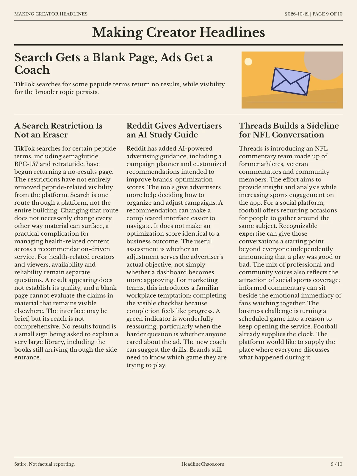 Making Creator Headlines newspaper, page 9: Search Gets a Blank Page, Ads Get a Coach