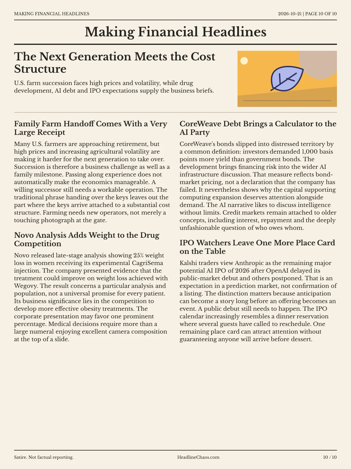 Making Financial Headlines newspaper, page 10: The Next Generation Meets the Cost Structure