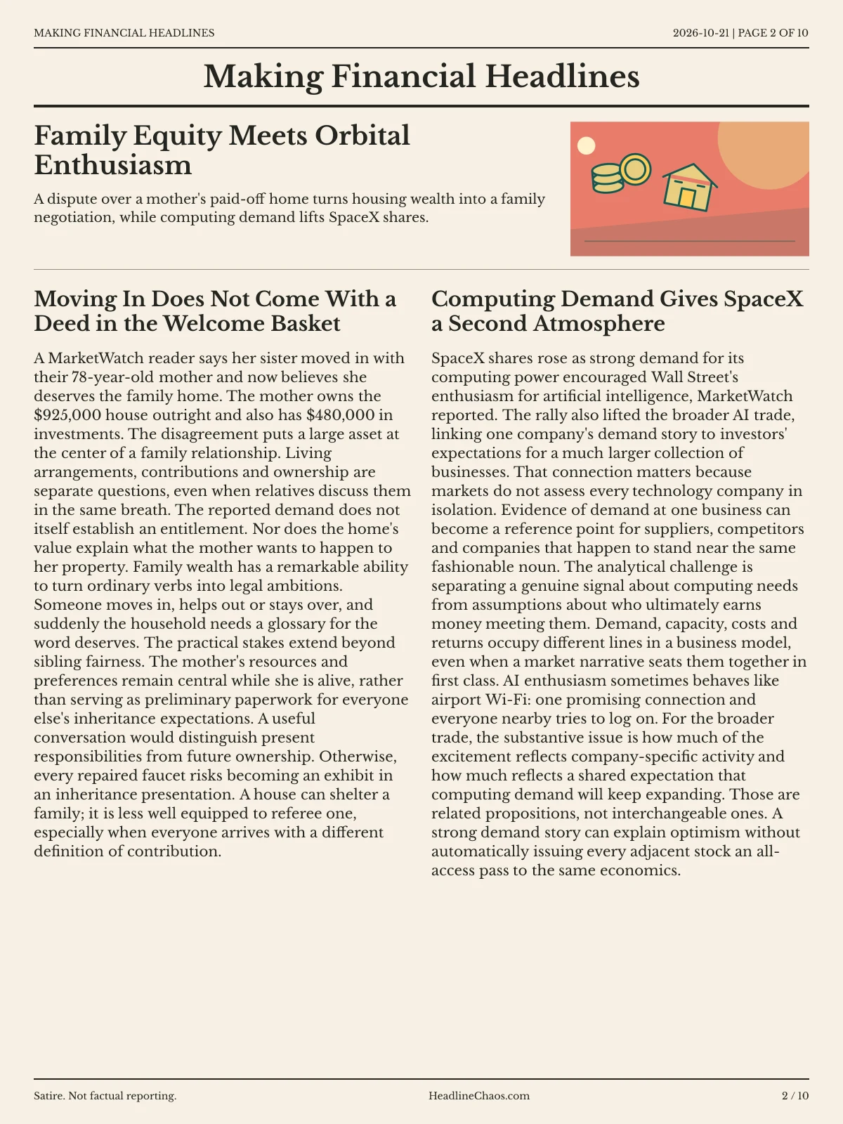 Making Financial Headlines newspaper, page 2: Family Equity Meets Orbital Enthusiasm